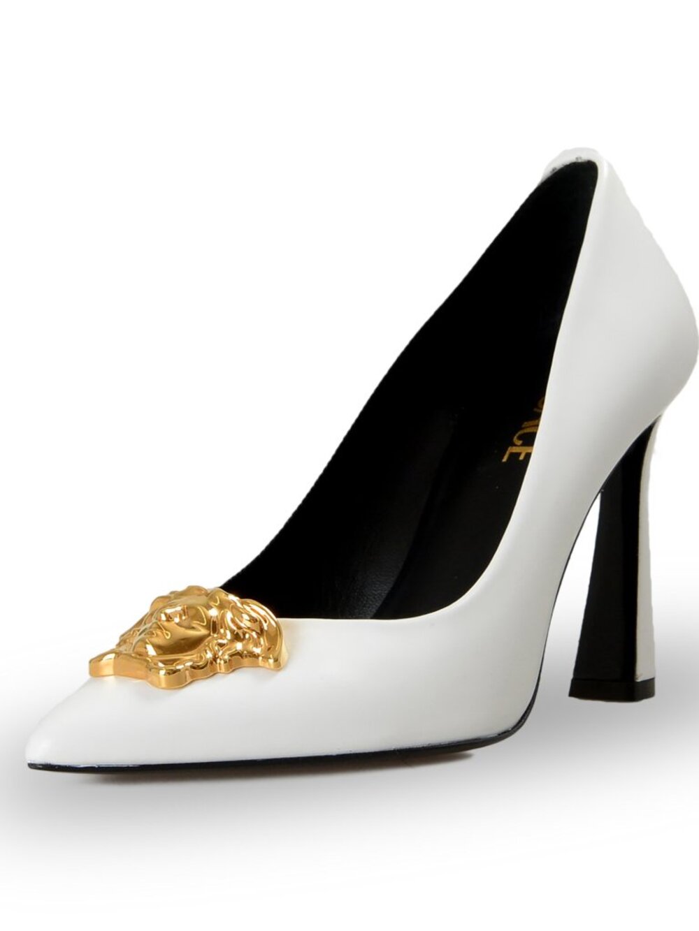 Versace Women's Gold Medusa White Leather High Heel Pump Shoes US 8 IT 38